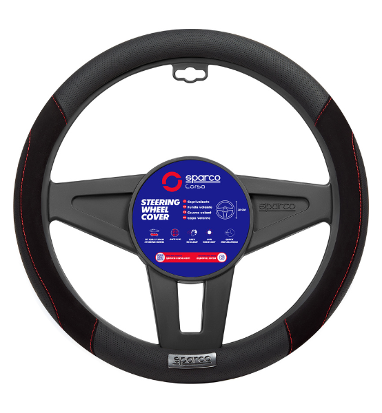 Κάλυμμα Τιμονιού Μαύρο Συνθετικό Δέρμα με Κόκκινη Ραφή 38cm Sparco Suede 1τμχ.