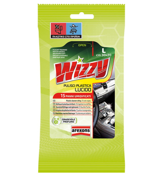 Μαντιλάκια Καθαρισμού & Γυαλίσματος Πλαστικών Αυτοκινήτου Arexons Wizzy Plastic Cleaner Shine 15τμχ.
